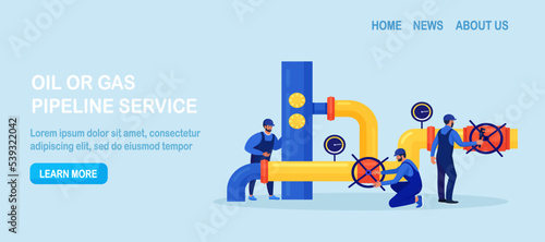 Oil industry, gas production. Operators control oil and gas transportation from plant with oil pipeline. Fossil resource. Fuel products. Engineers in workwear inspect petroleum pipelines