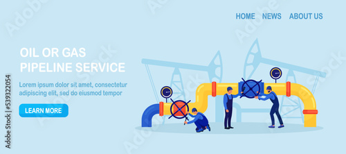Oil industry, gas production. Operators control oil and gas transportation from plant with oil pipeline. Fossil resource. Fuel products. Engineers in workwear inspect petroleum pipelines