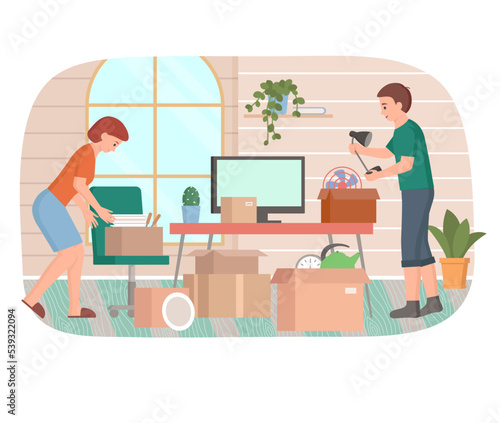 Family moving to new house, people moving to new house, carrying things to apartment, changing place of residence, relocation. Unpacking things after shipping, decorating home. Rental of premises