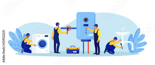Repairmen in uniform repair electrical home appliance, water heater with tool. Professional workers with wrench. Home masters fixing broken technics, plumbing. Electrician plumber call. Repair service