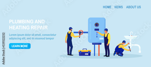 Repairmen in uniform repair electrical home appliance, water heater with tool. Professional workers with wrench. Home masters fixing broken technics, plumbing. Electrician plumber call. Repair service