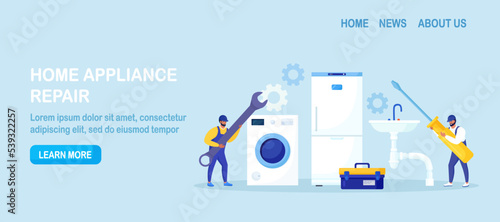 Repairmen in uniform repair electrical home appliance with tool. Professional workers with wrench, screwdriver. Home masters fixing broken technics, plumbing. Electrician, plumber call. Repair service