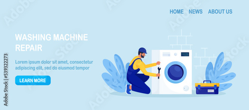 Repairmen in uniform repair electrical washing machine with tool. Professional workers with wrench. Home masters fixing broken home appliance, plumbing. Electrician, plumber call. Repair service