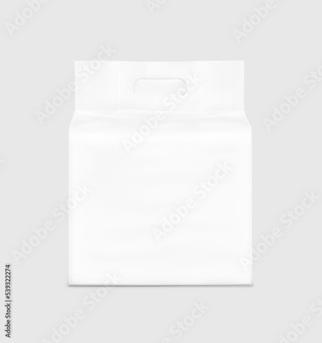 Stand bag with handle hole mockup. Vector illustration. Perfect for presentation nappies, wet wipes, food, cleaning products, household, etc. EPS10.	