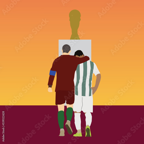 A vector of two football opponent walking towards the gold trophy during sunset.