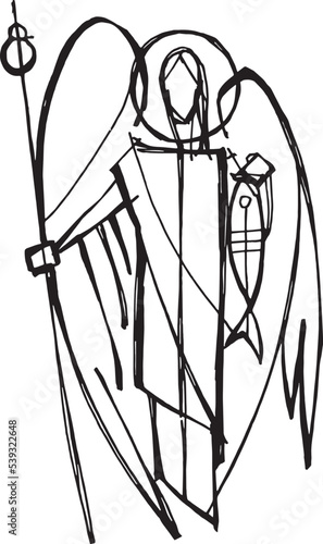 Hand drawn illustration of Saint Raphael the Archangel.