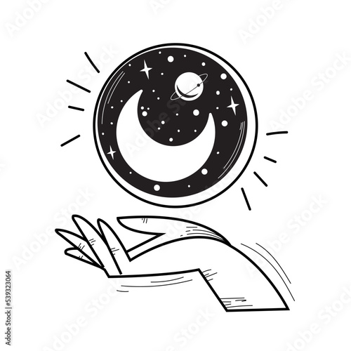 Isolated hand holding a crystal with moon Esoterism sketch icon Vector