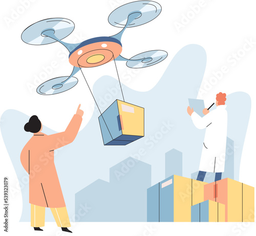 Smart logistics technology metaphor. Idea of modern transportation and distribution. People using copter delivery. Technical and science innovation. Automation and development of delivery process