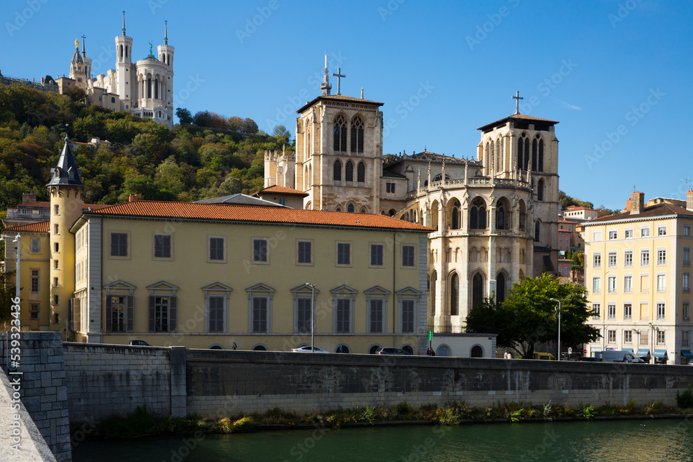 French town Lyon at riverside Saone in France, view with buildings and river