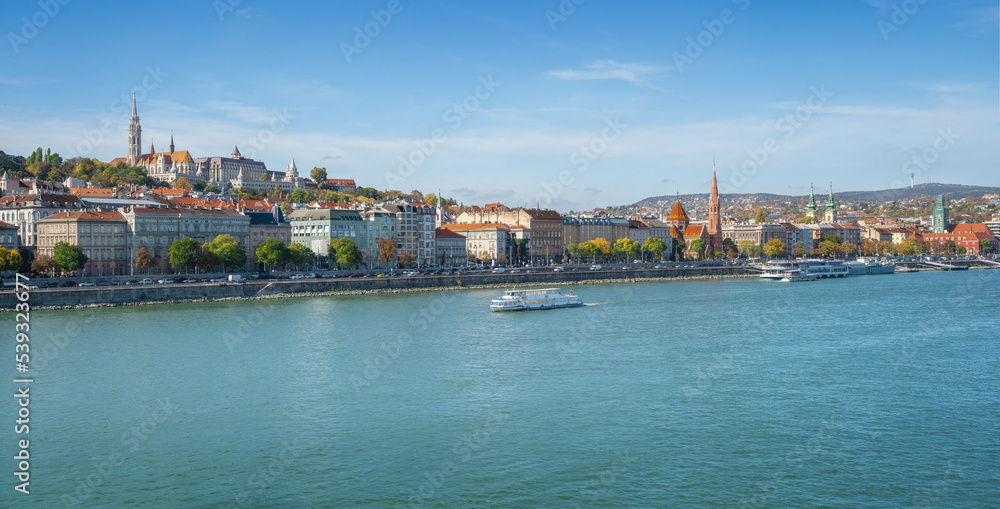 Panoramic view of Buda Skyline and Danube River with Fishermans Bastion and Matthias Church - Budapest, Hungary