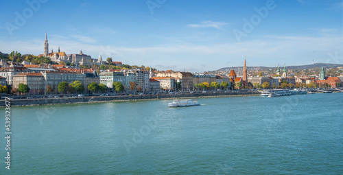 Panoramic view of Buda Skyline and Danube River with Fishermans Bastion and Matthias Church - Budapest, Hungary