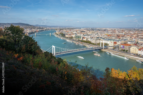 Panoramic aerial view of Danube River with Elisabeth Bridge, Szechenyi Chain Bridge and Hungaria Parliament - Budapest, Hungary