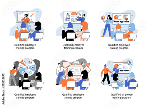 Qualified employee training program. Refresher course metaphor. Help in professional development. Learning for software development and growth. Agile project management team project life scrum meeting
