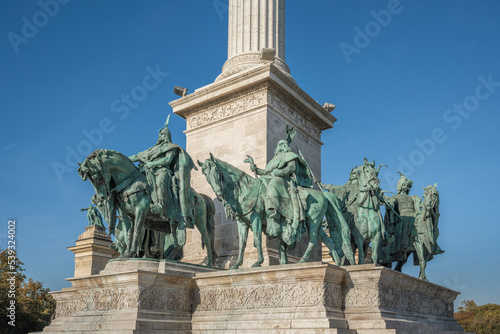 Seven chieftains of the Magyars Sculptures (Arpad, Tas, Huba and Tohotom or Teteny) at Millennium Monument at Heroes Square - Budapest, Hungary photo