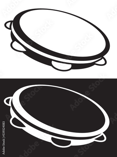 Tambourine icon white and black. Vector illustration isolated on white and black background.