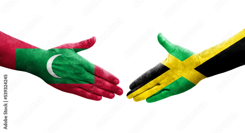 Handshake between Jamaica and Maldives flags painted on hands, isolated transparent image. Handshake between Jamaica and Maldives flags painted on hands, isolated transparent image.