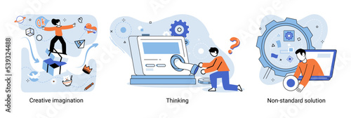 Creative thinking. People with different mental mindset types or model creative. Imaginative logical and structural thinking. MBTI person metaphor. Non standart solution. Brain think people solve idea