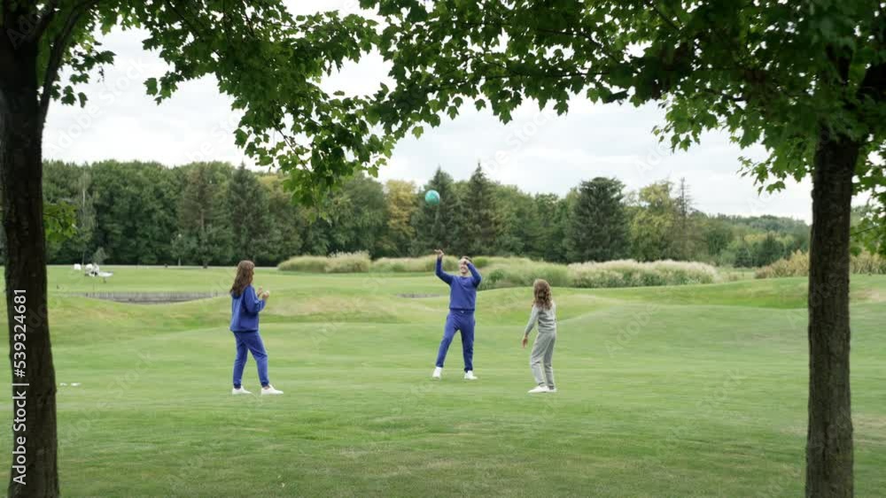 Happy Caucasian family playing volleyball in the park. Active recreation of parents and children with a ball. doing sports on a walk. High quality 4k footage Happy Caucasian family playing volleyball in the park. Active recreation of parents and children with a ball. doing sports on a walk. High quality 4k footage