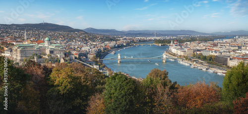 Panoramic view of Budapest and Danube River with Buda Castle, Parliament and Chain Bridge - Budapest, Hungary