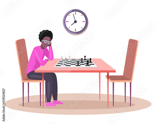 Guy playing chess alone. African man sitting at table in concentrated on strategic game. Chess tournament at home vector illustration. Young male character thinking about next move in logic game