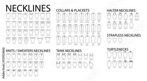 Set of necklines clothes - collars, plackets, knits, sweaters, tops, strapless, turtlenecks, tank, halter technical fashion illustration. Flat apparel template front side. Women, men unisex CAD mockup photo