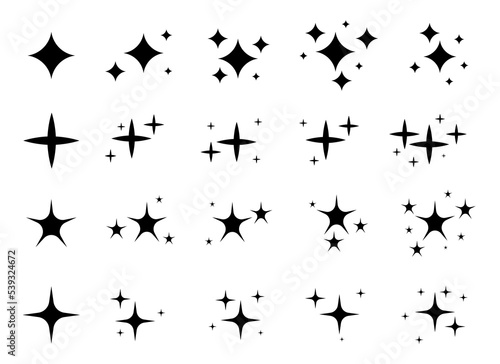 Sparkles stars black set. Different shapes of bright firework shiny sparkle, magic twinkle, sun glare decoration. Glowing light flash effect. Starry sky space. Spark shining burst radiance explosion