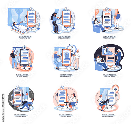 Mobile medicine mhealth online doctor, online medical services, health care program, talk to doctor from anywhere. Smartphone with medical application. Digital health and medical consultation metaphor