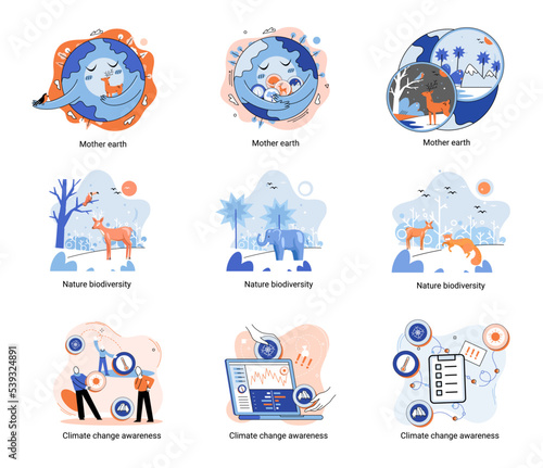 Change climate awareness, saving planet, World Environment Day, global warming ecological problems. Mother Earth day, nature biodiversity metaphor set. Care for surroundings eco concept