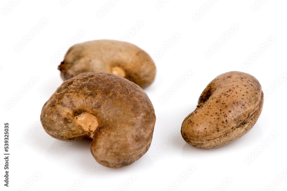 Cashew nuts dried seeds placed isolated on background. Cashew nuts dried seeds placed isolated on background.