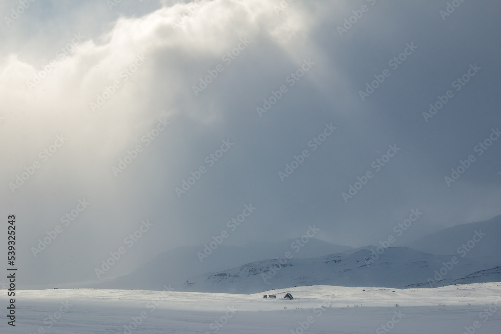 An emergency hut on Kungsleden skiing trail between Abiskojaure and Alesjaure, winter season, Lapland, Sweden