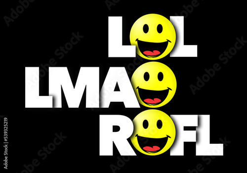 A round face with a big smile replaces the letter O in type that spells laughIng related acronyms or initialism used in message texting and social media posts. This is a 3-d illustration...