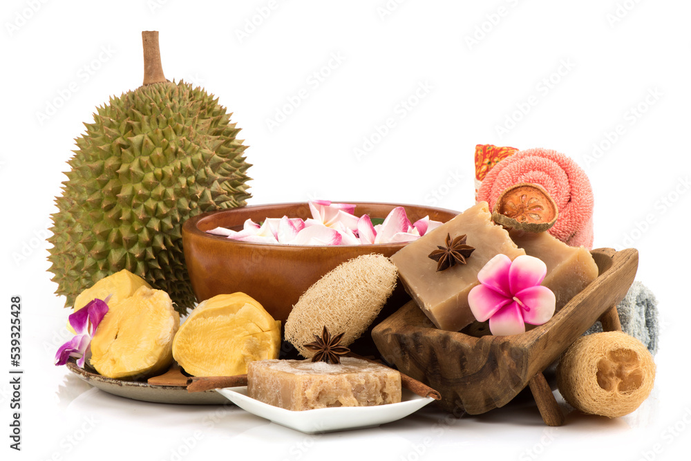 Spa treatment with durian extracted isolated on white background.