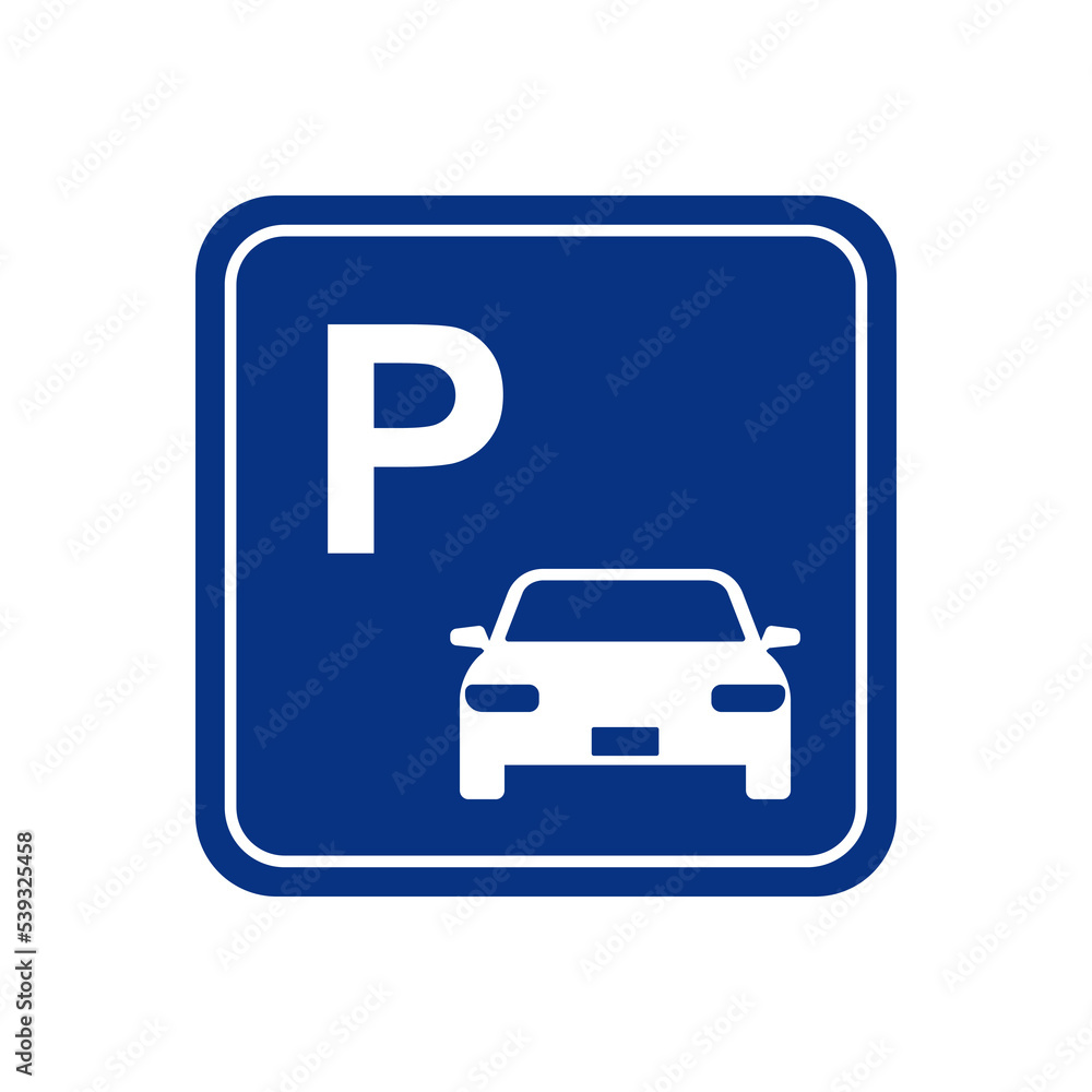 Car parking sign vector illustration. White letter and icon on a blue square background. Car parking sign vector illustration. White letter and icon on a blue square background.