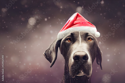 Great Dane dog in a Santa hat at Christmas