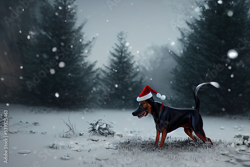 Doberman in a Santa hat at Christmas © Ben