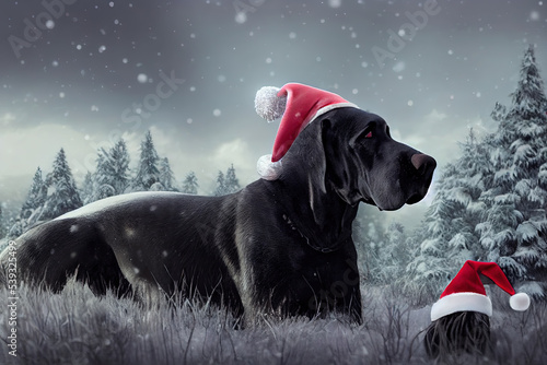 Great Dane dog in a Santa hat at Christmas