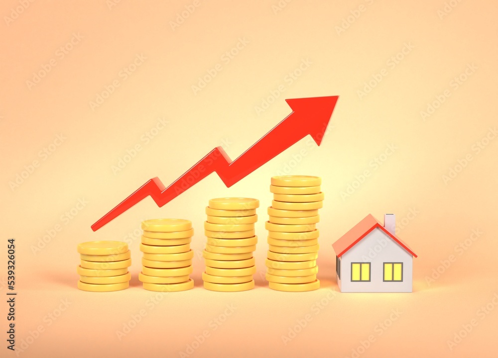 An increase in the cost of housing or an increase in the cost of mortgage loans. Red up arrow, yellow coins and a house. Red real estate price growth chart. 3D rendering An increase in the cost of housing or an increase in the cost of mortgage loans. Red up arrow, yellow coins and a house. Red real estate price growth chart. 3D rendering