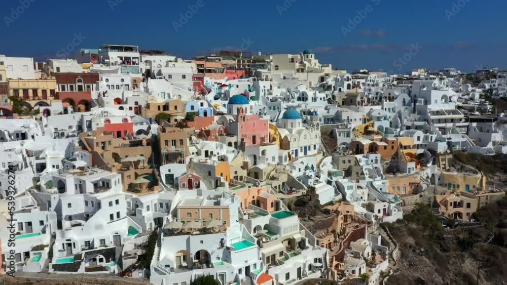 Aerial panoramic view of Oia village on top of a cliff in Santorini Greece Aerial panoramic view of Oia village on top of a cliff in Santorini Greece