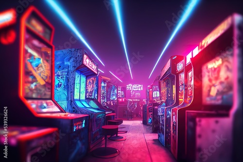 Fotografia A girl in a retro video gaming hall, a synthwave hall with slot machines