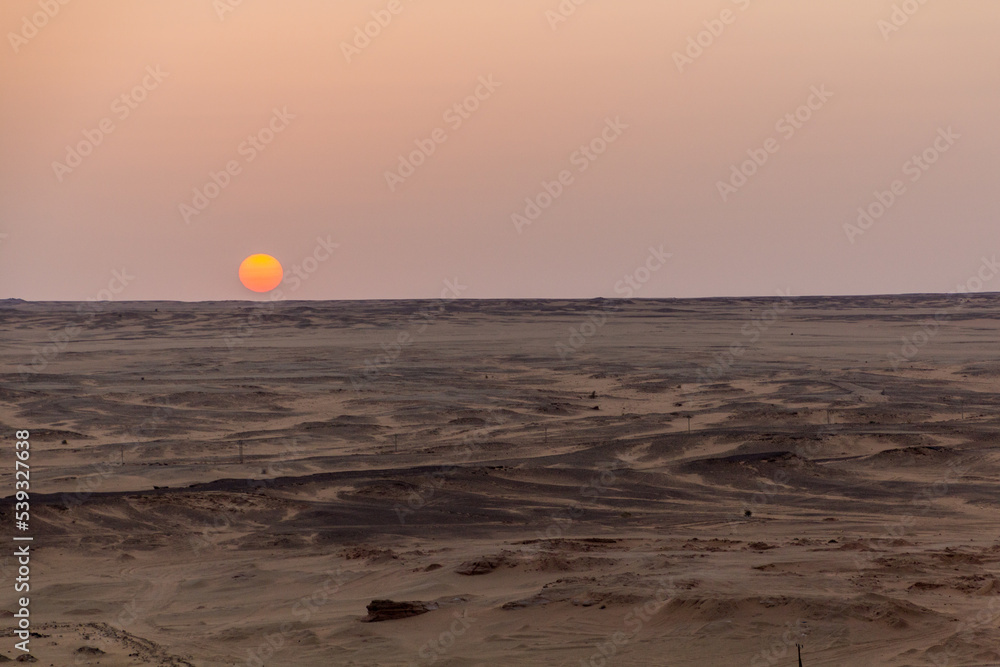 Sunset in the Sahara desert in Sudan