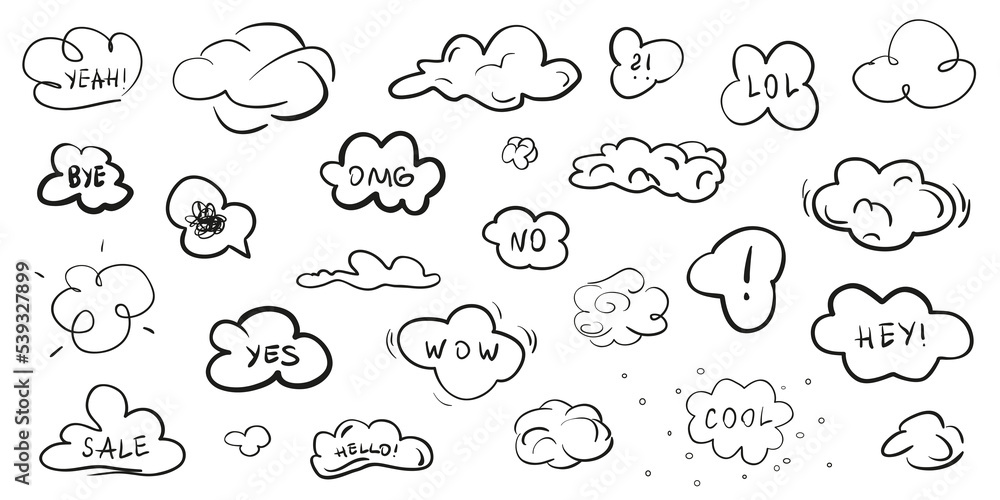 Naklejka premium Clouds on isolation background. Sketchy doodles on white. Hand drawn infographic elements. Black and white illustration. Sketches for artworks