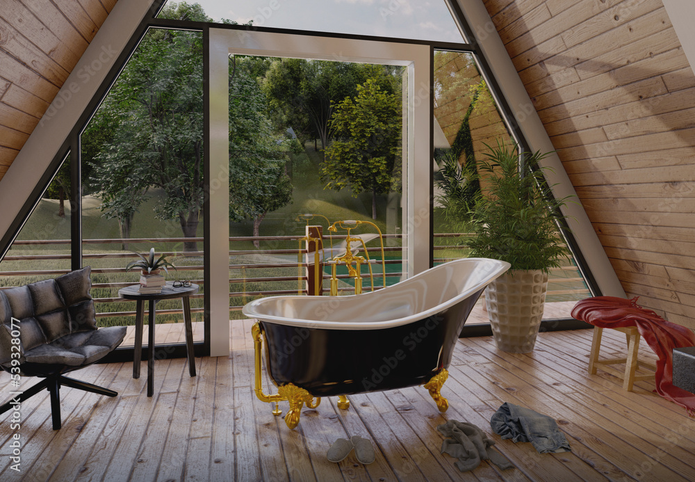 Bañera en una cabaña moderna de dos aguas, en el bosque a un lado del