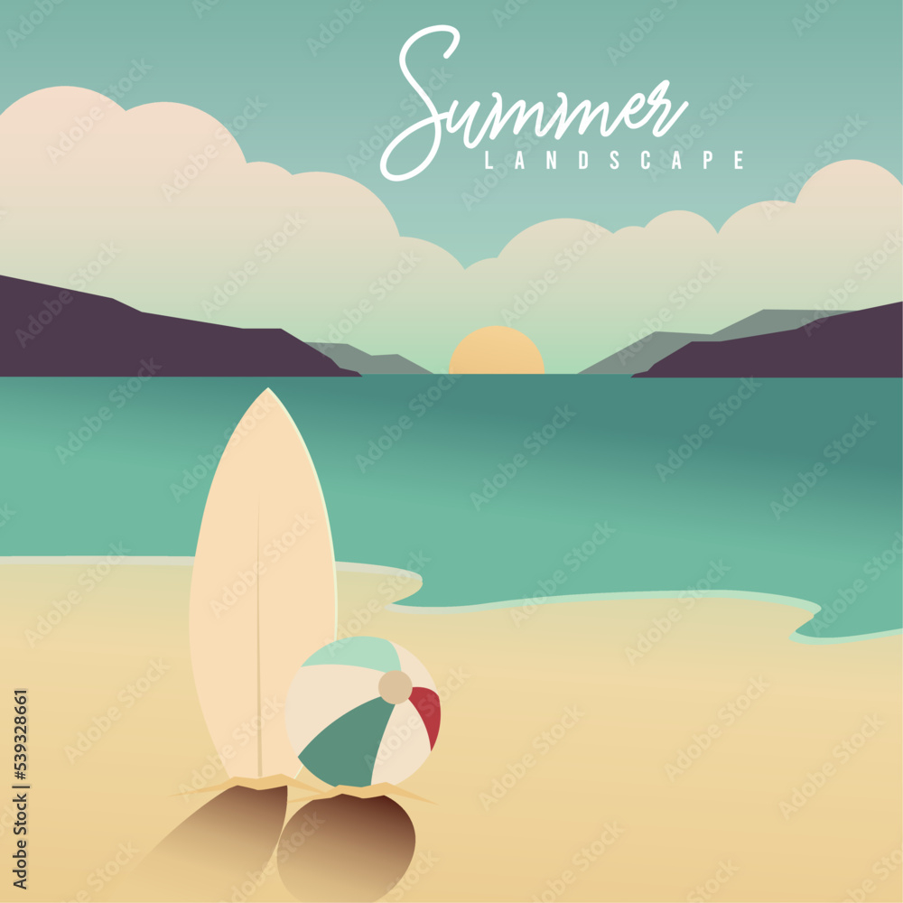 Colored sunset scenary view with a surfboard and beach ball Vector
