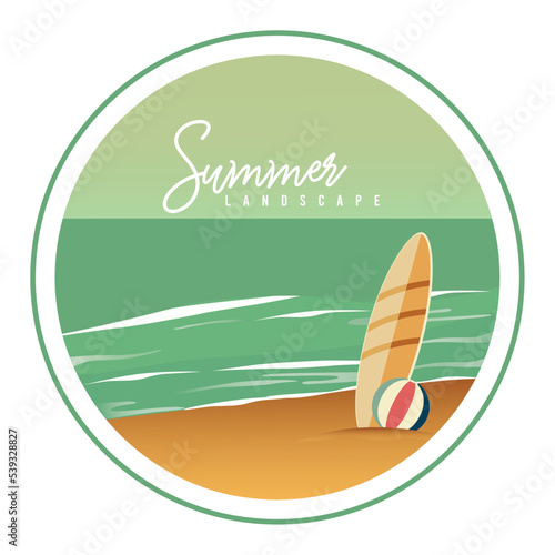 Colored badge with a surfboard beach ball and a beach scenary view Vector