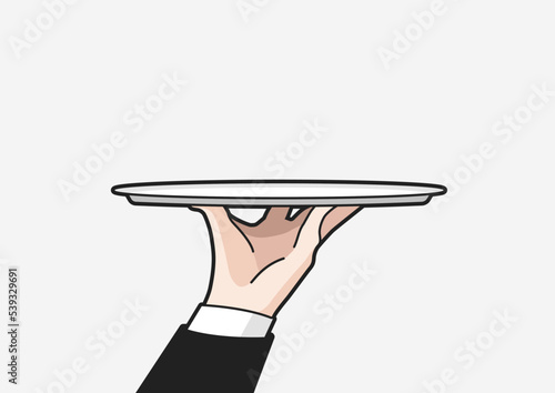 Waiter tray with hand isolated on white background. Man hand with blank tray. Vector