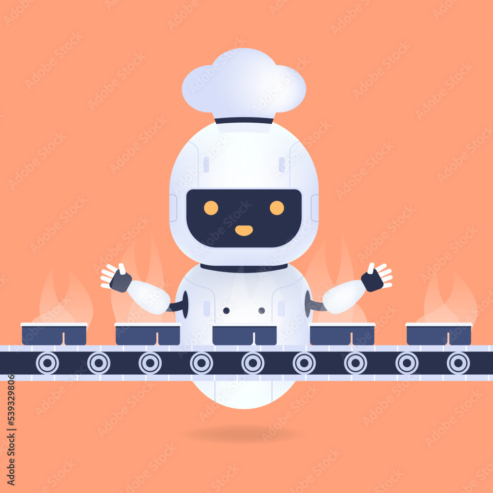 White friendly chef robot in frozen food factory. Cooking Robot Artificial Intelligence concept.