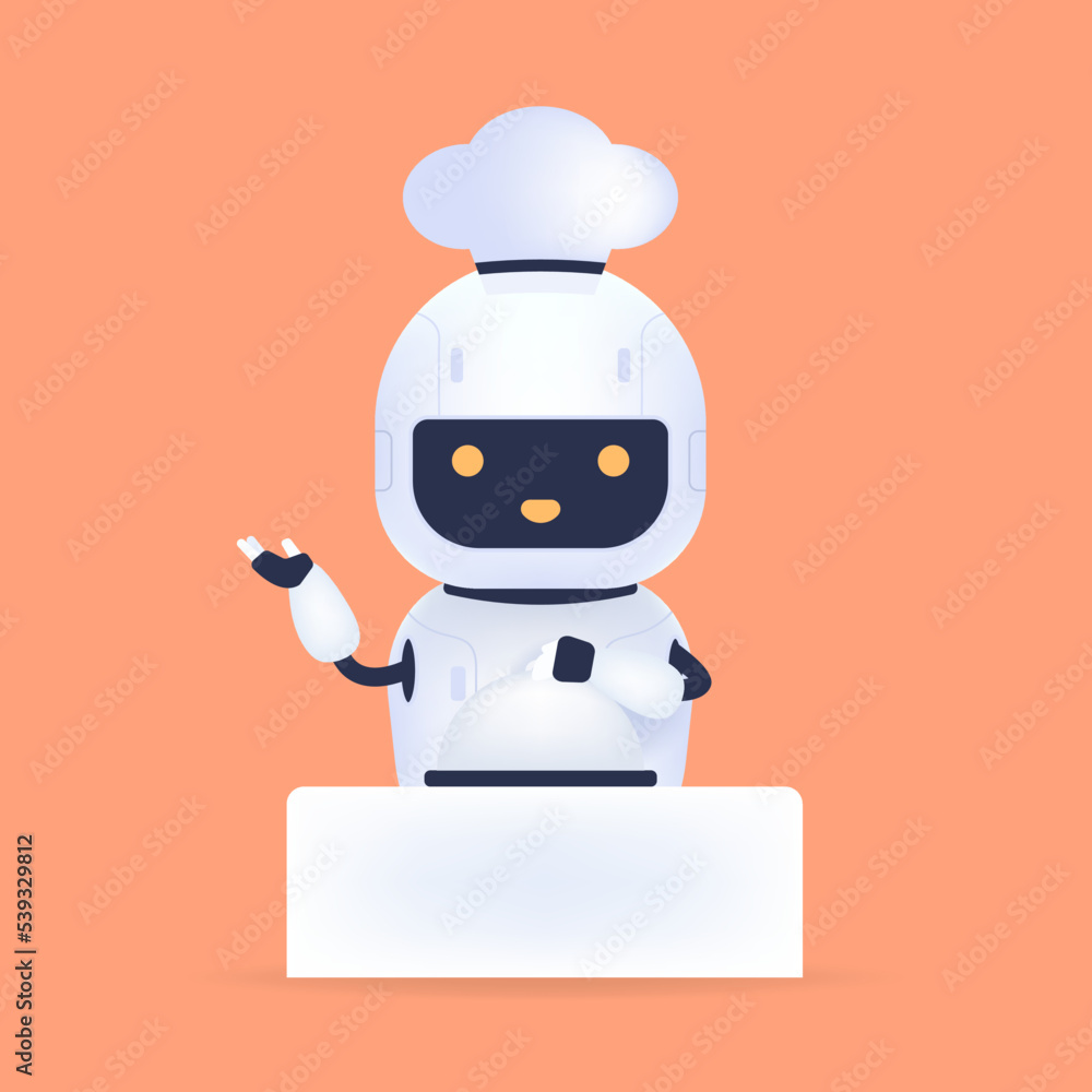 White friendly chef robot with food on table. Cooking Robot Artificial Intelligence concept. White friendly chef robot with food on table. Cooking Robot Artificial Intelligence concept.