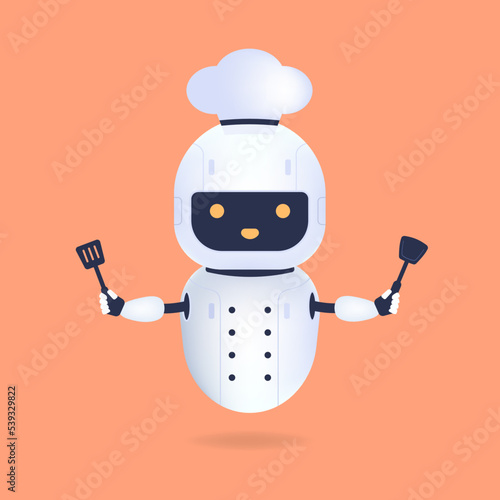 White friendly chef robot with turner and wok spatula. Cooking Robot Artificial Intelligence concept.