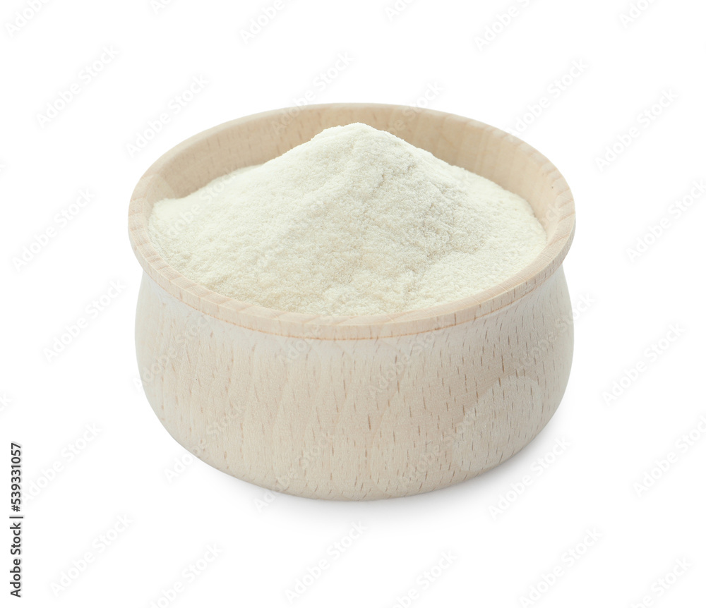 Wooden bowl of agar-agar powder isolated on white Wooden bowl of agar-agar powder isolated on white