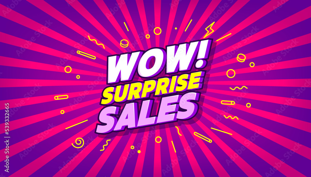 Wow surprise sales banner template design. Surprise sale event on purple background. Social media, shopping online. vector Wow surprise sales banner template design. Surprise sale event on purple background. Social media, shopping online. vector